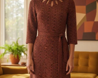 Vestido vintage Myrette dos anos 70 com manga 3/4 em vermelho, azul-marinho e bege / Escritório / Disco / Grande