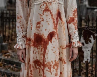 Vestido de noiva vintage assustadoramente lindo com estampa de zumbi, comprimento até o tornozelo / Manga longa / Tamanho pequeno