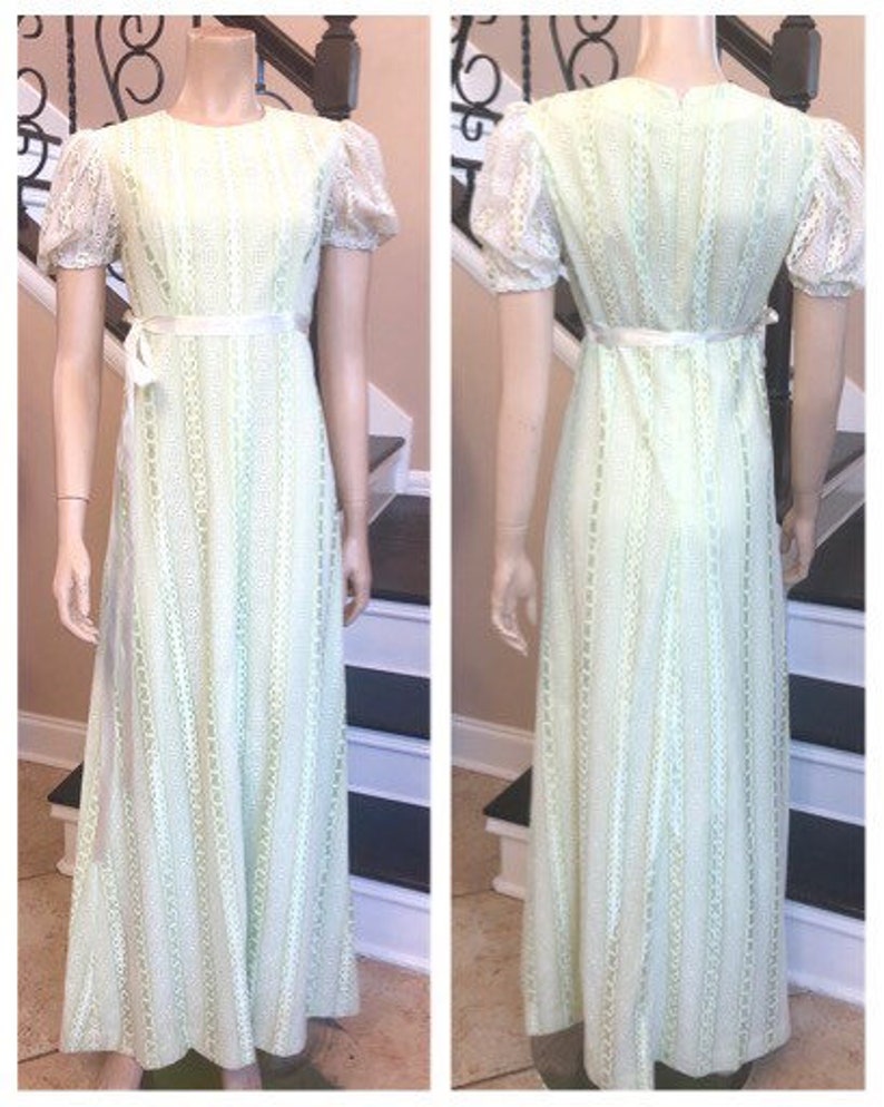 Beautiful Vintage 70s Lime Green and White Lace Floor Length Dress Small