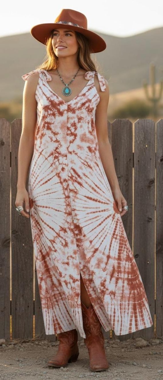 orange and white tie dye dress Tie Dye Orange and White Maxi Dress With Embroidered Detail / Size Medium /  Beachwear / Western