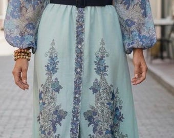 Vintage 70s Alfred Shaheen Hawaiian Dress, Blue Floral Print, Medium