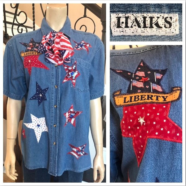 Cool Vintage 80s / 90s Haiks Patriotic Red White and Blue Liberty Flag and Star button up Short Sleeve Denim Shirt / USA / Medium / Large
