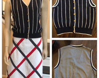 Cute Vintage 80s does 50s / 60s Navy Sweater Vest with Stripe front / checkered Back and Gold Crest Buttons / Small / Medium