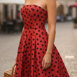 Vintage 80s does 50s Prom Red strapless polkadot dress by Pantagis / USA / Small