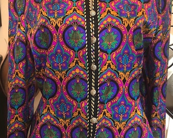 Gorgeous Vintage Silk Blazer /  Jacket by Adrianna Papell with Gold buttons / Formal / Multicolor fabric / Medium / Large / size 12