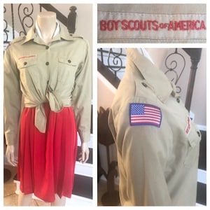 Camicia abbottonata vintage Boyscouts of America Tan con toppa bandiera / Piccola / Media