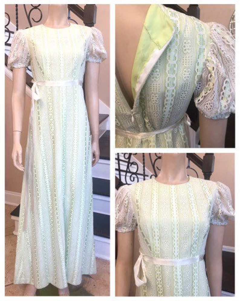 Beautiful Vintage 70s Lime Green and White Lace Floor Length Dress Small