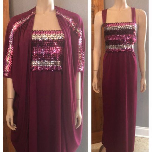 Disco Vintage Sequin Burgundy Two piece Dress with Jacket / Large / XL