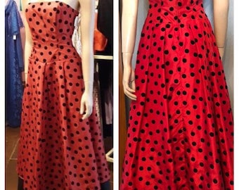 Vintage 80s does 50s Prom Red strapless polkadot dress by Pantagis / USA / Small