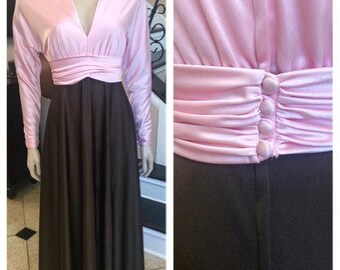 Cool Vintage 70s Pink and Chocolate Brown Formal Floor Length Gown / Prom / Small