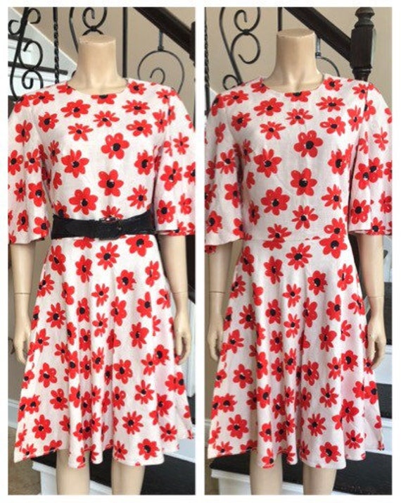 Cute Vintage 70s Flutter Sleeve Red Floral dress … - image 3