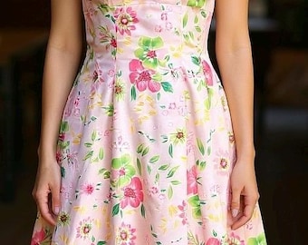 Lindo vestido vintage exclusivo estilo pin-up dos anos 50 com estampa floral rosa / tamanho pequeno