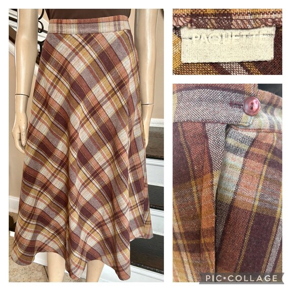 Cute Vintage 70s Wool Aline Brown Plaid Skirt by … - image 2