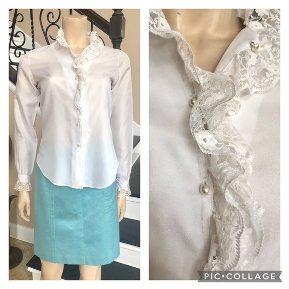 Nice Vintage White Ruffle and Pearl button up blo… - image 1