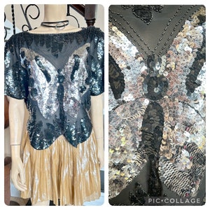 Vintage Black and Silver Silk and Sequin Butterfly Top / 70s / 80s / Medium