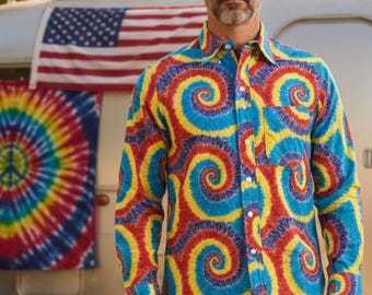 Cool Vintage 70s / 80s Mens Multicolored Gitman Bros Long Sleeve Spirograph Swirl Shirt / Small / Medium