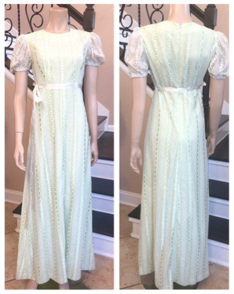 Beautiful Vintage 70s Lime Green and White Lace Floor Length Dress Small