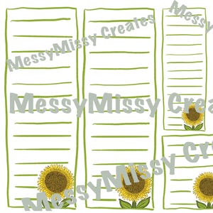 Peut inclure: Plusieurs rectangles de papier ligné avec des bordures vertes et des illustrations de tournesols. Le texte "MessyMissy Creates" est en filigrane sur l'image. Les tournesols ont des pétales jaunes et des centres bruns.