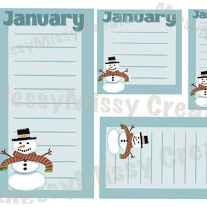 May include: A set of four light blue paper sheets with the word "January" at the top or side. Each sheet has horizontal lines for writing and a snowman graphic wearing a black hat and a red and brown scarf.