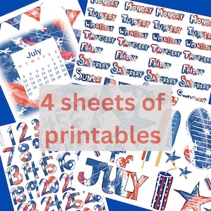 2023 July Journal Printables, Numbers days of the week, calendar, digital Clipart 4th of July