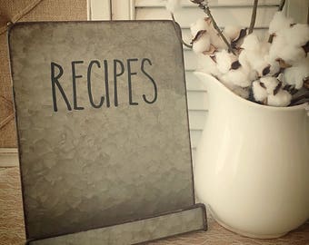 Galvanized Style Cookbook Recipe Holder, Magnetic, Vinyl Rae Dunn inspired Lettered Design Holiday Cooking Rustic Kitchen Decor, ipad holder