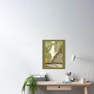 May include: A vintage poster with a watercolor illustration of a waterfall cascading through a narrow canyon. The poster features a quote from the Bible, "And the Lord said, 'Search for good in everything.'"  The quote is attributed to "The Scriptures 5:16."