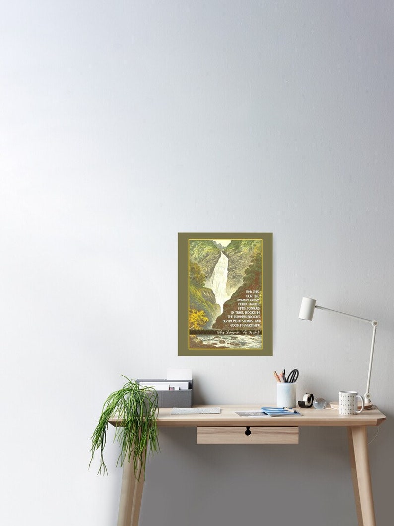 May include: A vintage poster with a watercolor illustration of a waterfall cascading through a narrow canyon. The poster features a quote from the Bible, "And the Lord said, 'Search for good in everything.'"  The quote is attributed to "The Scriptures 5:16."