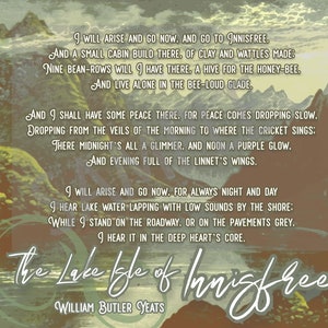 Puede incluir: Una imagen de estilo vintage con un poema de William Butler Yeats titulado "The Lake Isle of Innisfree". El poema describe una vida sencilla en una caba&ntilde;a en una isla, con una colmena, hileras de frijoles y los sonidos de la naturaleza.