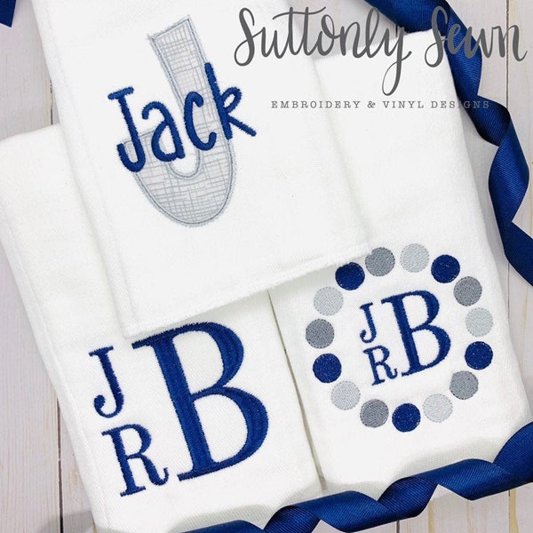 Personalized burp cloths, personalized, boy, navy and grey, monogram