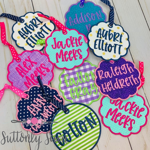 Embroidered fabric bag tags, personalized, bookbag, luggage