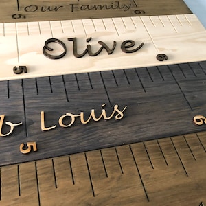 Pu&ograve; includere: Un grafico di crescita in legno con le parole "Our Family" in alto. Il grafico &egrave; composto da tre sezioni, ciascuna con una diversa tinta di legno. La sezione superiore &egrave; in legno chiaro con il nome "Olive" in corsivo. La sezione centrale &egrave; in legno scuro con il nome "Louis" in corsivo. La sezione inferiore &egrave; in legno marrone medio con il nome "Max" in corsivo.