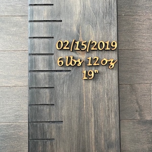 Pu&ograve; includere: Un grafico di crescita in legno con segni neri e numeri dorati. Il grafico ha una data, un peso e un'altezza registrati: 02/15/2019, 6 lbs 12 oz, 19"