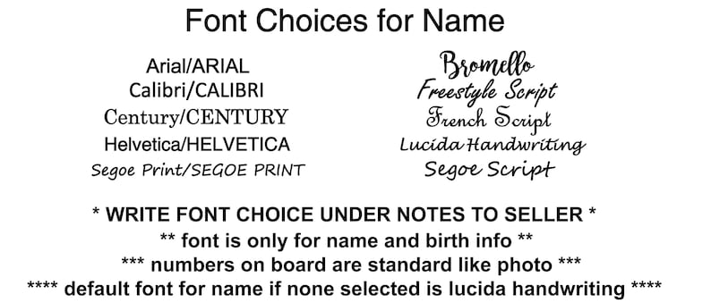 Pu&ograve; includere: Un elenco di scelte di font per un nome, tra cui Arial, Calibri, Century, Helvetica, Segoe Print, Bromello, Freestyle Script, French Script, Lucida Handwriting e Segoe Script. Il testo indica anche che il font predefinito per il nome &egrave; Lucida Handwriting se non viene selezionato nessuno.