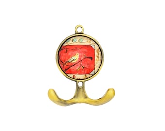 Coat hook wall hook double hook bird red metal brass glass country house romance red