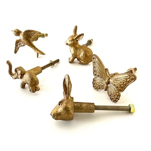 Op de afbeelding: Een verzameling van vijf messingkleurige kastknoppen. De knoppen hebben dierontwerpen, waaronder een vogel, konijn, olifant en vlinder. Elke knop heeft een schroefdraad voor bevestiging. Witte achtergrond.