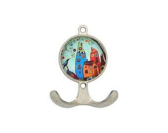 Hook City with Bird H264 Coat Hook Wall Hook Double Hook House Metal Nickel Plated Glass Country House Romanticism