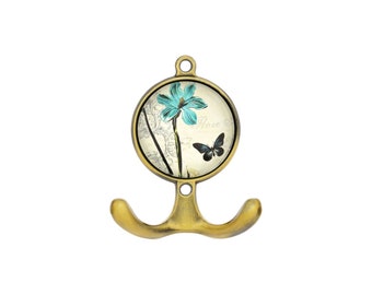 Coat hook hook wall hook double hook flower blue metal brass glass country house romance