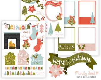 Home for the Holidays Printable Scrapbooking Kit | Christmas Stickers | Christmas 2021 | Planner Stickers | Paper Crafting | Patterned Paper