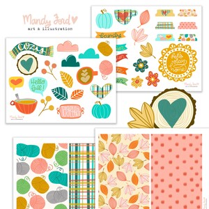 Op de afbeelding: Een set digitale stickers met herfstthema's, waaronder pompoenen, bladeren, garen, koffiebekers en harten. De stickers zijn in verschillende kleuren, waaronder oranje, geel, groen, blauw en rood. De tekst "Laten we thuis blijven" is opgenomen in een cirkel.