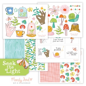 May include: A set of printable digital art cards featuring illustrations of butterflies, flowers, mushrooms, and snails. The cards have positive affirmations such as "I am on the right path", "I am guided", and "I will let my light shine".