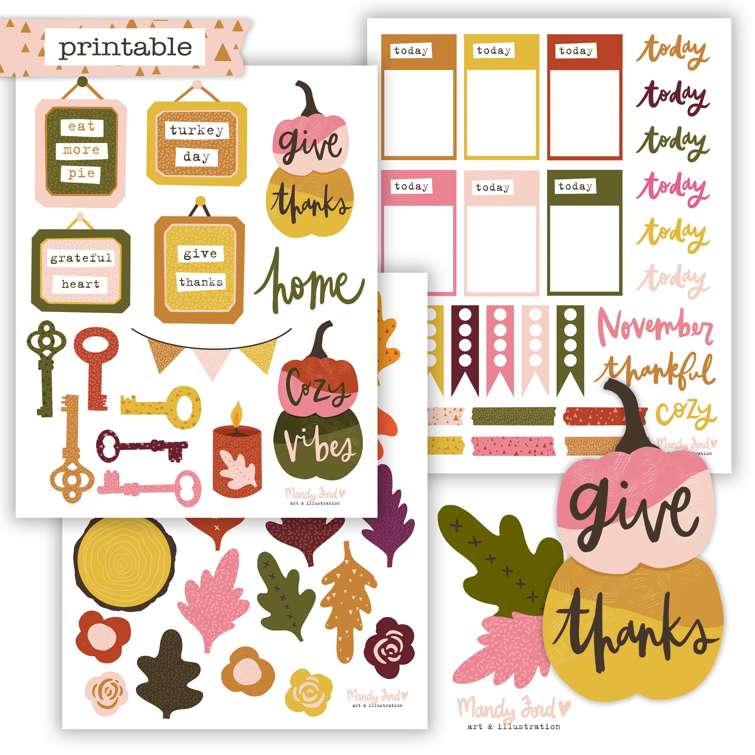 Thanksgiving Printable Scrapbooking Kit Autumn Stickers Printable Stickers  Planner Stickers Paper Crafting 