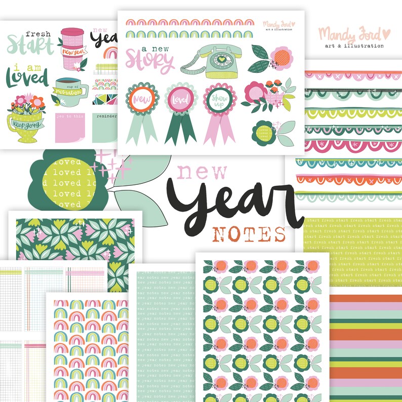 New Year Notes Printable Scrapbooking Kit Planner Stickers Art Journaling Paper Crafting Scrapbooking image 1