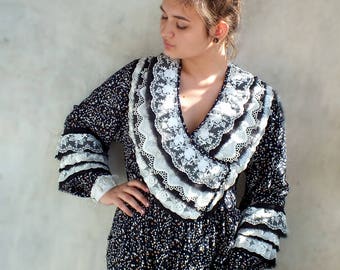 Maxi abito nero Boho Abbigliamento boho in pizzo scuro Manica lunga Costume zingaro stile hippie Tessuto di cotone Taglie forti Principessa marocchina Cairo