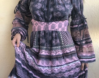 abito lungo in pizzo Stile hippie Boho maxi Intaglio bianco Abbigliamento donna Abbigliamento per le vacanze Abbigliamento estivo Tessuto di cotone Stampa floreale Abiti zingari