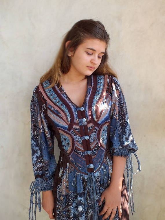 Donna Nuovi Blu Cotone Hippie Boho Vestito//Tunica Top M 10//12
