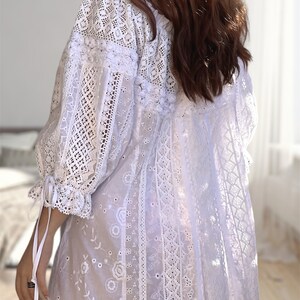 lace dress Hippie style Boho embroidery White Cutwork Women apparel Vacation clothing Summer wear Cotton fabric Floral print Gypsy gowns image 3