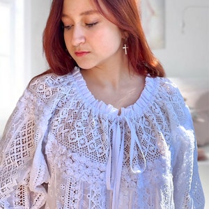 lace dress Hippie style Boho embroidery White Cutwork Women apparel Vacation clothing Summer wear Cotton fabric Floral print Gypsy gowns image 2