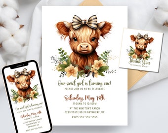 EDITABLE Highland Cow Girl Birthday Invitation, Highland Cow Birthday Party Invite, Digital Birthday Invitation, Canva template