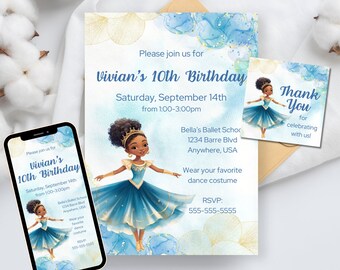 EDITABLE African American Ballerina Birthday Invitation, African American Ballerina Birthday Party Invite, Canva Template