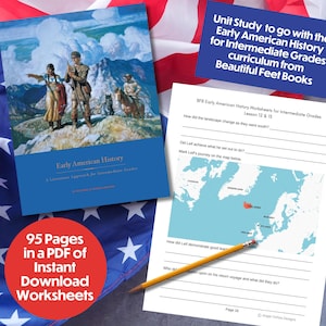 K&ouml;nnte beinhalten: Ein blaues Buch mit dem Titel "Early American History" mit einer Landschaftsillustration. Begleitende Arbeitsbl&auml;tter und Text: "Unit Study to go with the Early American History for Intermediate Grades curriculum from Beautiful Feet Books." Au&szlig;erdem "95 Seiten in einer PDF von Instant Download Worksheets."